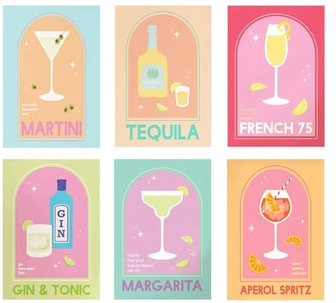 milaosk 6er Leinwanddruck Cocktail Poster Set A4 Bunte Cocktail Rezepte Wandbilder Moderne Wandkunst Wandposter Für Küche Bar Wohnzimmer Esszimmer, 20x30cm - Ohne Rahmen