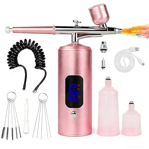 Airbrush Kit with Compressor,38PSI Rechargeable Mini Cordless Airbrush Compressor, Non-Clogging High-Pressure Air Brush Set with Nozzle for Nail Art,Cake Decor,Barber Model Painting Makeup Pink