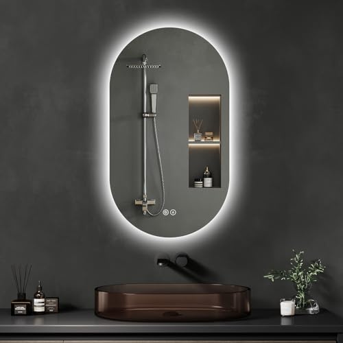 Badspiegel mit Beleuchtung 50x90 cm, Oval LED Badezimmerspiegel | Badezimmer Spiegel mit Beschlagfrei, Touch-Schalter, dimmbar, 3 Lichtfarben, Beleuchtet Wandspiegel für Bad & Gäste-WC