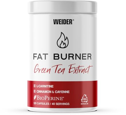 Weider Fat Burner (120 gélules) Formule Double Effet Thermogénique et Lipotrope, avec L-Carnitine, Chrome, Extraits de thé vert, poivre noir, cayenne, cannelle, Contient de la Caféine (40 doses)