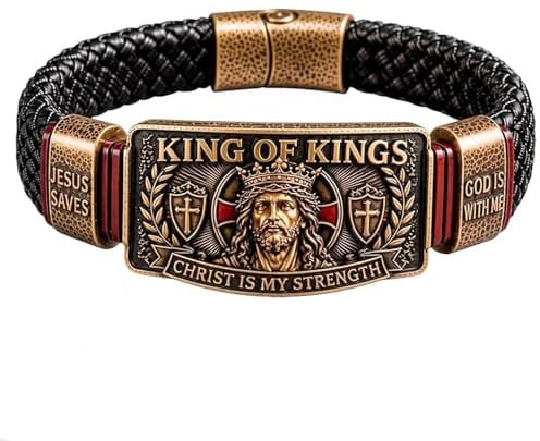 Genérico Pulsera de Fe Rey de Reyes, Brazalete Cristiano de Metal Ajustable, Pulsera Inspiradora Cristo es mi Fuerza, Recuerdo Religioso para Esposo, Padre o Pastor