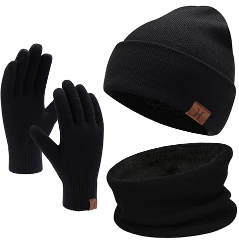 Winter Men Beanie Hat, Scarf, Touch Screen Gloves, 3 Pieces Winter Warm Clothing Set For Men, Black, One Size