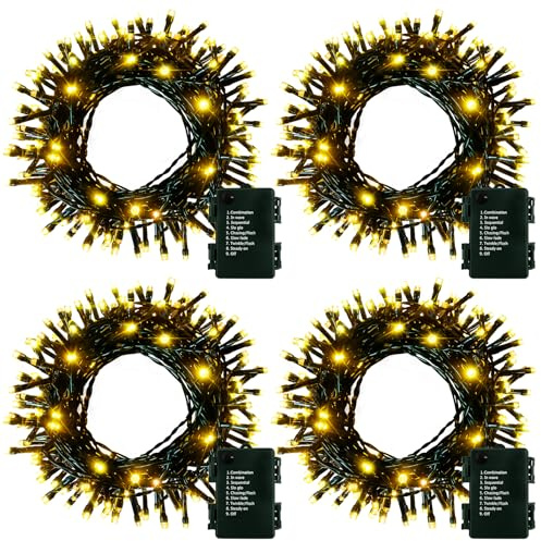 4 Pack- Battery Operated Outdoor Tree String Lights with 50 Warm White LEDs on 16.5ft/5m of Dark Green Cable,Outdoor Battery Xmas Wreath Lights with Timer for Christmas Yard Holiday Decoration