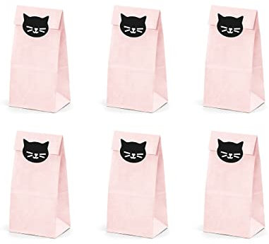 Papiertüten Katzen Aufkleber 8x18x6cm 6er Set Mitgebsel Kindergeburtstag Geschenktüten rosa schwarz