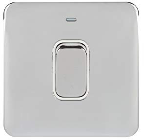 Schneider Electric Lisse Screwless Deco - Single High Current Light Switch with Neon Indicator, Double Pole, 50A, GGBL4011WPC, Polished Polisished Chrome/White Insert