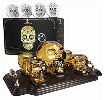 KROWN KITCHEN - Skull Whiskey Decanter Set. Includes 4 Skull Shot Glasses, Coasters, and Wood Base. Perfect Dad Gifts. for Bourbon, Scotch, Liquor, etc