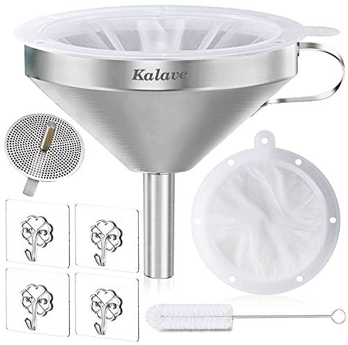Kalave Premium Stainless Steel Funnel, 13cm Food Grade Kitchen Funnels with 200 Mesh Food Filter Strainer for Filling Bottles, Oils, Juice, Wine, Coffee, Tea, Milk, Jam