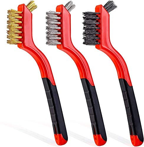 Wire Brush Set Brass, Nylon/Brass/Stainless Steel Bristles, 7 Inches Brush with Curved Handle Grip for Deep Cleaning,Rust removal,Paint Scrubbing (3Pcs)