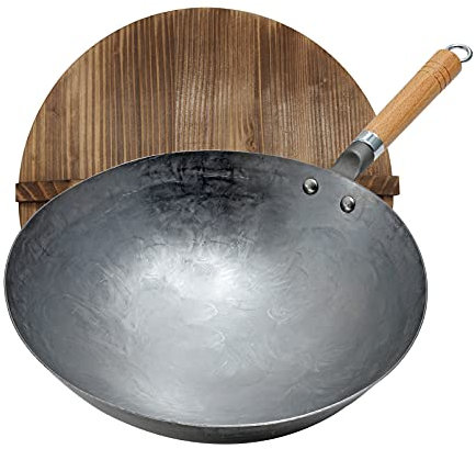 Padella Wok, Wok Tradizionale Martellato A Mano in Acciaio Al Carbonio Con Manico in Legno E Acciaio Wok Cinese (Fondo Tondo) Wok Spessore 1,8 Mm Con Coperchio,30cm