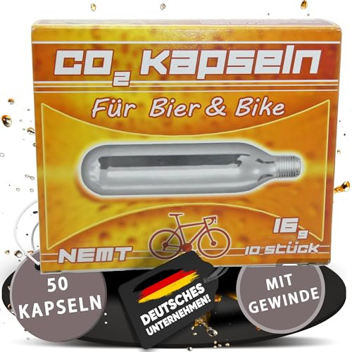 50 NEMT Kapseln mit Gewinde Co2 16g Bierkapseln und Bikekapseln für Bierzapfanlagen mit 16g Kohlesäurekapseln kompatibel mit Co2 Kartuschenpumpen Fahrrad Minipumpen kompatibel mit BeerBuddy…