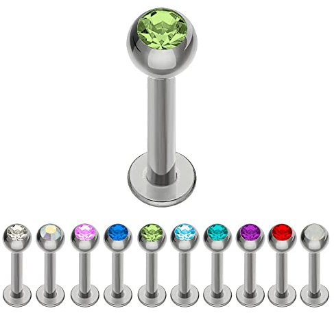 Treuheld® | Silbernes TITAN LABRET PIERCING mit KRISTALL - [105.] 1.2 x 6 mm (Kugel: 3mm) - grün