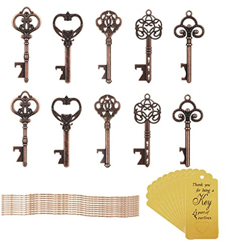 Amindz 10 Pièces Vintage Porte Clef Decapsuleur,Ouvre Clés en Forme avec Étiquettes et Ficelle,Bière Ouvreur Mariage,Clés Ouvreurs de Bouteilles pour la Fête de Mariage Décoration Rustique