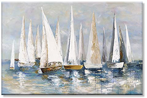 Abstraktes Segelboot-Leinwandgemälde, moderne Fahrt im Wind und Wellen, Meereslandschaft, Druckposter, Wandkunst, Dekoration, Bild, 80 x 125 cm (32 x 49 Zoll) mit Rahmen