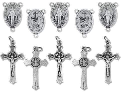Caritas et Fides Italienisches Rosenkranz-Bastelset für 5 Rosenkränze – katholisches Rosenkranz-Set mit 3,8 cm St. Benedikt-Kruzifix und 2,5 cm Miraculous-Medaillen-Rosenkranz in der Mitte, Packung
