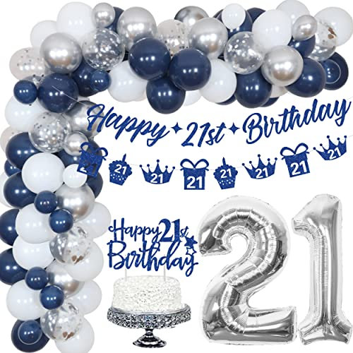 Fangleland 21st Birthday Party Decorations Blue and Silver for Boys and Girls, 21 Year Old Birthday Balloons Garland Kit with Banner and Cake Topper, 21st Birthday Party Supplies