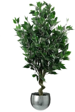 Leaf Tropical Artificial Plant in Metal Planter, Mixed Materials, Green Ficus Twist Silver Curve, 110cm