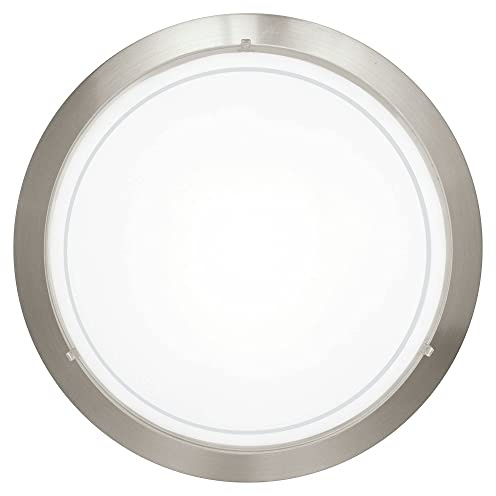 Satin Nickel Metal Trim & White Glass Shade Round Flush Ceiling & Wall Light | 29cm Diameter | 1 x ES E27 Lamp Required | UK Approved | Low Profile Height