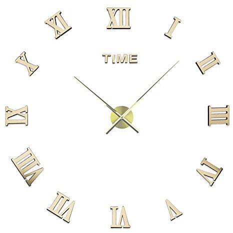3D DIY Groß Wanduhr Modern,70-90cm Stumm Spiegel Aufkleber Römische Ziffern Ohne Tickgeräusche Uhr aus Acryl Wanddekoration für Zuhause Büro Wohnzimmer Schlafzimmer Küche Büro und Hotel,Gold