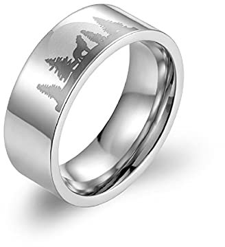 MayiaHey Wolf Ring, Mond Wald Wolf Ring für Männer, Nordischer Wikinger Wolf Tier Ring Wolf Schmuck, Edelstahl Keltischer Wolf Ring Hip Hop Heulen Wolf Band Ring Punk Wolf Ring (17.3, Silber)