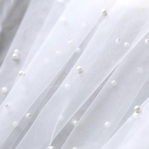 100cm x 160cm Weiß Tüllstoff für Bekleidung & Deko,Perle Mash Stoffe zum Nähen Meterware,Transparent Hochzeitsstoff Tüll Dekostoff mit Perle für DIY Geburtstag Party Deko Tüll Stoffe Hochzeit Schleier