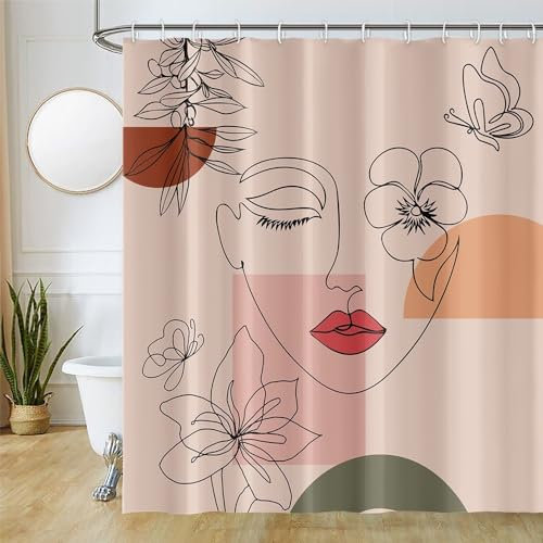 Uiiooazy Rideau Douche Anti Moisissure, Rideau de Douche 180x180cm Rose Orange Visage Abstrait Fleuri Rideaux de Baignoire Tissu Lavable Imperméable Polyester Rideaux Salle de Bain avec 12 Crochets