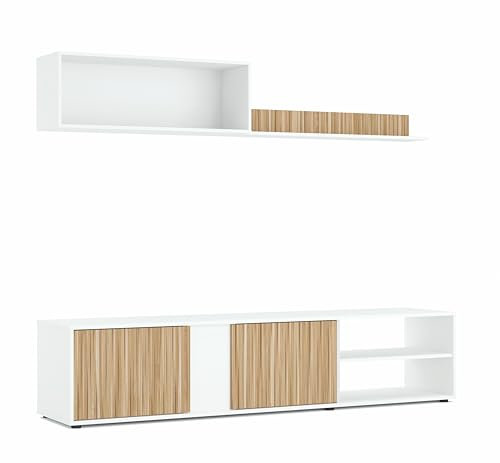 Mobelcenter, Mueble de Salón Ecco, Módulo TV, Módulo Superior y Estante, Color Blanco Artik y Natur, Medidas: Ancho: 180 cm x Fondo: 33 cm x Alto: 40 cm (1442)