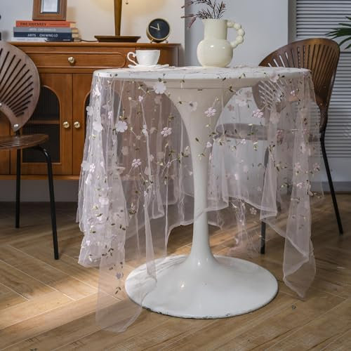 Weiße Spitze Tischdecke Vintage Tüll Fotografie Hintergrund, Transparent Voile Tischtuch Mit Stickerei Florale Muster, Rechteckige Hochzeits Tischdecke Für Kaffee Party Home Decor (150 x 150 cm,06)