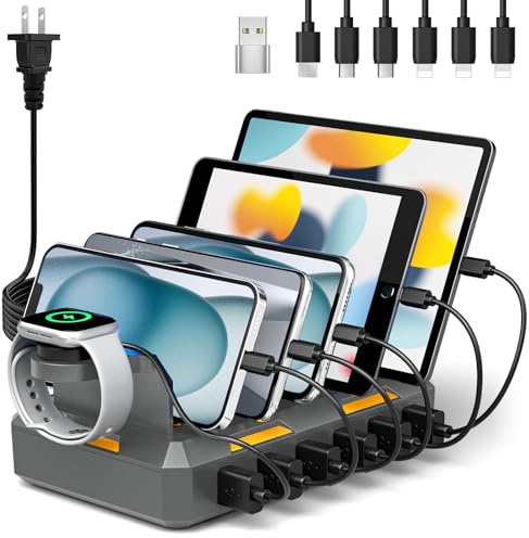 Honcila Ladestation für mehrere Geräte, 50 W, mehrere Ladestation für iPhone, iPad, Handy, Tablet und mehr, 6 Anschlüsse, Multi-Ladestation mit 6 gemischten Kabeln (Space Gray)
