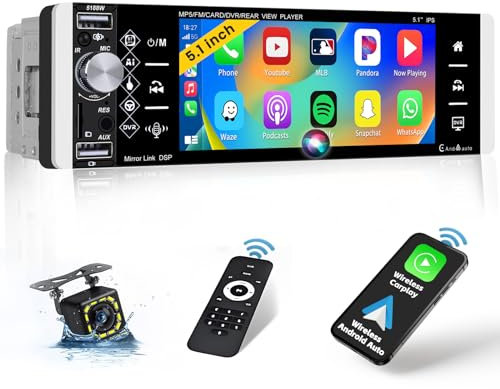 Inefala Radio 1 Din Carplay con Schermo Android Auto Senza fili, Stereo Auto Bluetooth con 5.1 Touchscreen MirrorLink Radio FM Controllo Vocale TF/Charge Port Telecamera Posteriore