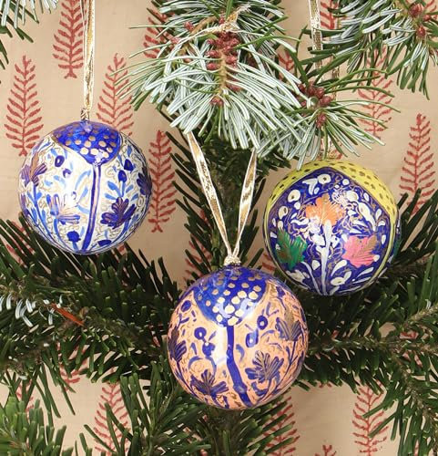 GURU SHOP Upcycling Weihnachtskugel 3er Geschenk Set aus Pappmachee, Handbemalter Christbaumschmuck, Kaschmirkugeln 5,5 cm - Muster 5