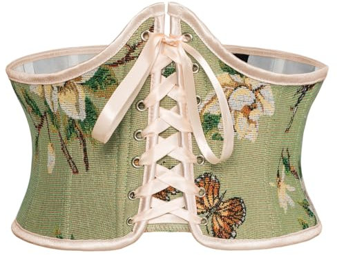 SCARLET DARKNESS Damen Viktorianisch Korsett Gürtel Lace-up Breiter Waspie Gürtel Sommer Grün mit Blumendruck 46