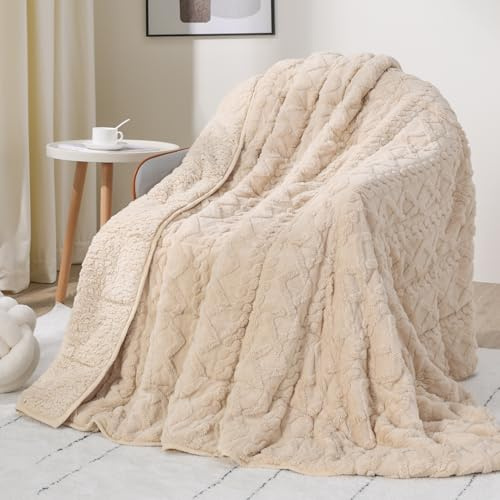 Drewin Fleece-Gewichtsdecke für Erwachsene (152,4 x 203,2 cm, 5,4 kg, Beige), doppelseitig, gemütlich, weiche Sherpa-Bettdecke für Nickerchen am Nachmittag, 3D-Jacquard-Zopfmuster, warme gewichtete