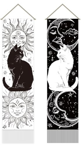 AHANDMAKER 2 Stück Schwarz-Weißer Wandteppich Mit Katzenmotiv, Sonne Und Mond, Vintage-Wandteppich Mit Schwarz-Weißen Quasten, Wandbehang Für Schlafzimmer, Wohnzimmer, Zuhause, 13 x 51 Zoll