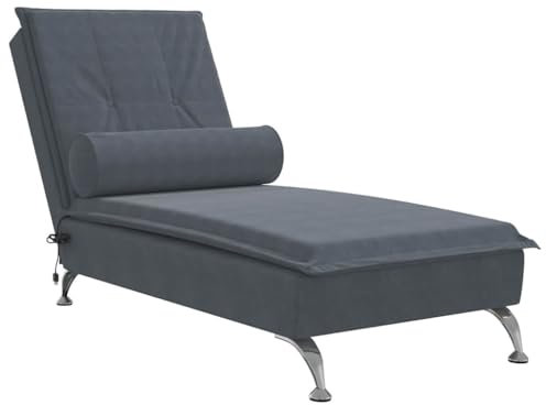 vidaXL Massage Chaiselongue mit Nackenrolle, Liegesessel mit Sperrholzlatten Metallbeine, Relaxliege für Wohnzimmer, Liegestuhl, Dunkelgrau Samt