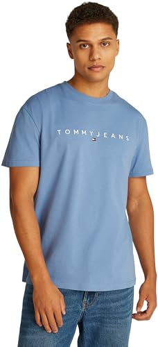 Tommy Jeans Camiseta de Manga Corta Hombre Linear Logo de algodón, Azul (Colorado Blue), L