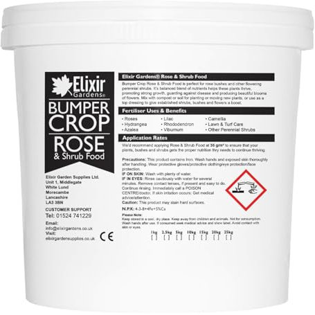 Elixir Gardens Bumper Crop Rose & Shrub Food | N.P.K: 4-3-8+8Fe | Granular Perennial Flower & Bush Fertiliser with Added Iron & Magnesium for Top Dressing & Planting | 1kg Tub