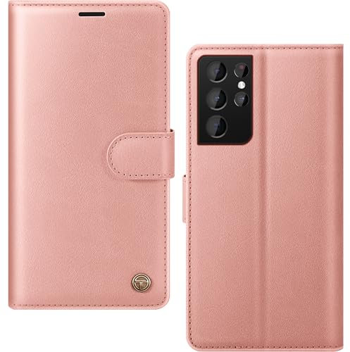 AIMOYU for Samsung Galaxy S21 Ultra Case, Flip Wallet Leather Phone Cover with [4 Card Slots] [Kickstand] [RFID Blocking] Magnetic Protective Shockproof Cover for Samsung S21 Ultra Case - Pink