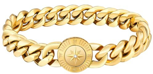 KRKC&CO 12mm Herren Armband mit rundem Kompass Verschluss, 18K Gold beschichtet Panzerarmband, breite dicke Edelstahl Cuban Armband, Hip Hop Biker Schmuck Geschenk für Männer Jungs [Länge 20,3cm]