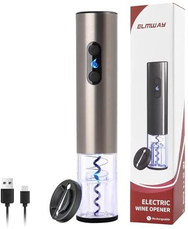 ELMWAY Rechargeable Electric Wine Bottle Opener – Electric Wine Opener & Corkscrew with Dual LED Lights, Transparent Window, Fast Cork Removal & Brushed Stainless Steel, Includes Foil Cutter – Black