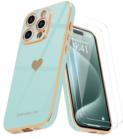Teageo für iPhone 15 Pro Max Hülle+2 Schutzfolie Herzmuster, JuwelGrün | Mädchen Stilvoll Galvanisierte Schutzhülle Weich TPU Phone Case
