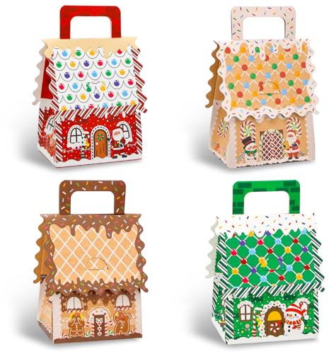 yunhuatdm 24 x Weihnachtshaus-Leckerli-Boxen mit Griff, Weihnachts-Lebkuchenhaus, Leckereien, Süßigkeiten, Geschenkboxen für Weihnachten, Geburtstag, Babyparty, Party, 4 Designs