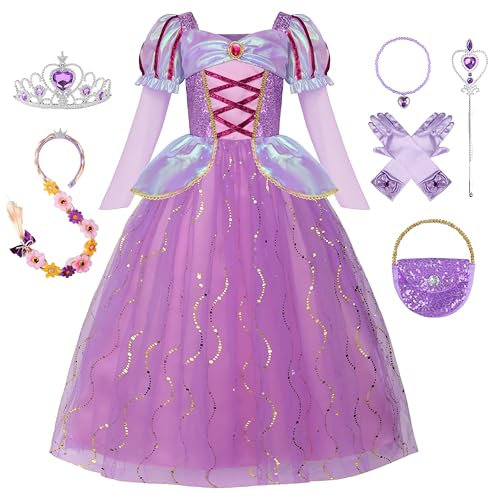 ReliBeauty Deguisement Princesse Fille Costume Lilas Robe Manches Longues avec Perruque, Accessoires et Sac à Main Cosplay Fête Anniversaire Carnaval,100