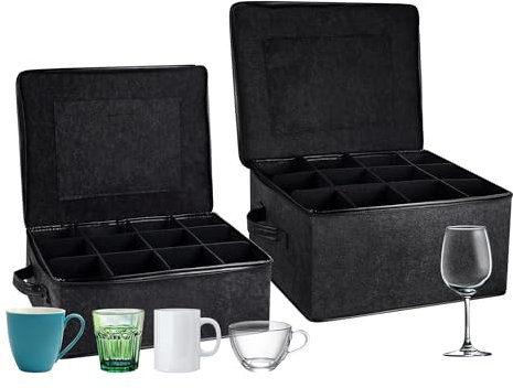 Swnhdeti 2 Pack Glass Storage Box with Dividers for Mugs & Glassware Coffee Cup Kit Stemware Storage Containers for Packing and Moving 12 Crystal Glassware, Wine Glasses, Drinkware (Gray)