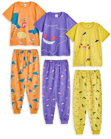 Pokémon Mädchen Pyjama Set | Kurzärmliges Oberteil mit Pikachu- und Charizard-Grafik für Kinder und Pyjamahose mit Langen Beinen in Gelb, Lila und Orange | Kinder Pocket Monster Nachtwäsche