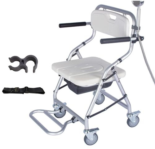 Folding Shower Commode Wheelchair - Bedside Commode with Padded Seat, Waterproof Rolling Shower Chair with Arms and Backrest, Shower Chair with Wheels, Maximum Load 120 Kg