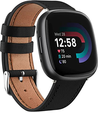 Mugust Lederarmband für Fitbit Versa 3 Armband/Fitbit Versa 4 Armband/Fitbit Sense Armband/Fitbit Sense 2 Lederarmband für Damen Herren (Schwarz)
