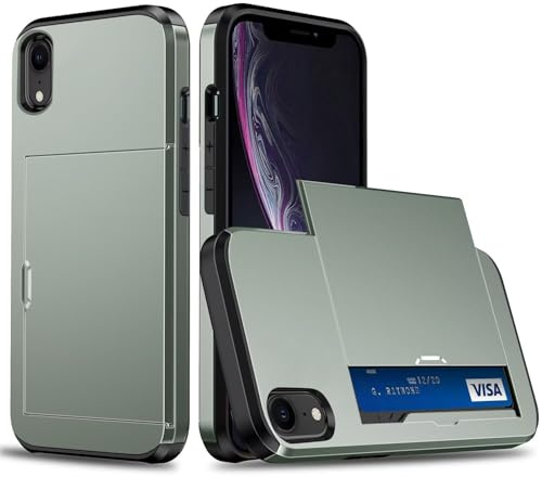 xinyunew Coque Portefeuille pour iPhone XR avec Porte-Cartes, Étui de Protection Téléphone Double Couche Antichoc, Fente Cachée Coulissante, Antichoc TPU+PC Housse Portefeuille - Vert Militaire