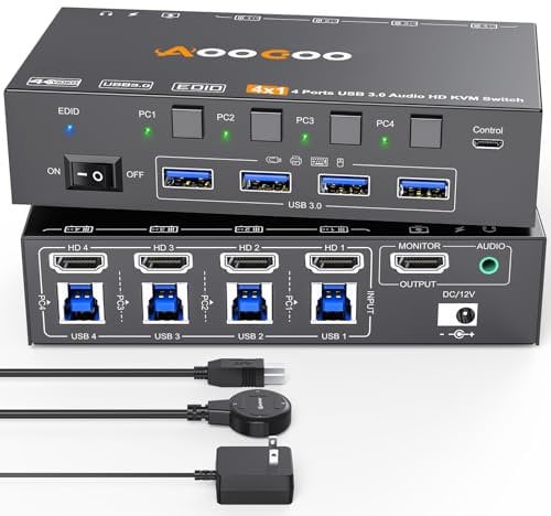KVM Switch HDMI 8K@60Hz/4K@144Hz, HDMI KVM Switch für 4 Computer, die sich 1 Monitor und 4 USB3.0-Geräte teilen, Unterstützt EDID,Kabelfernbedienung und USB-Kabel im Lieferumfang enthalten