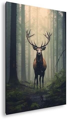 deyoli Erhabener Hirsch im mystischen Nebelwald. Format: 60x40cm XXL Kunstdruck Motiv auf Holzrahmen/Leinwandbild/Wandbild/Wohnzimmer Dekoration