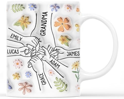 Personal Chic Custom Mug Name - Holding Mum's Hand Flowers - Personalised Mothers Day Gifts, Personalised Mum Gifts, Grandma Gift, Mummy Mug, Grandma Cup (Model #4)